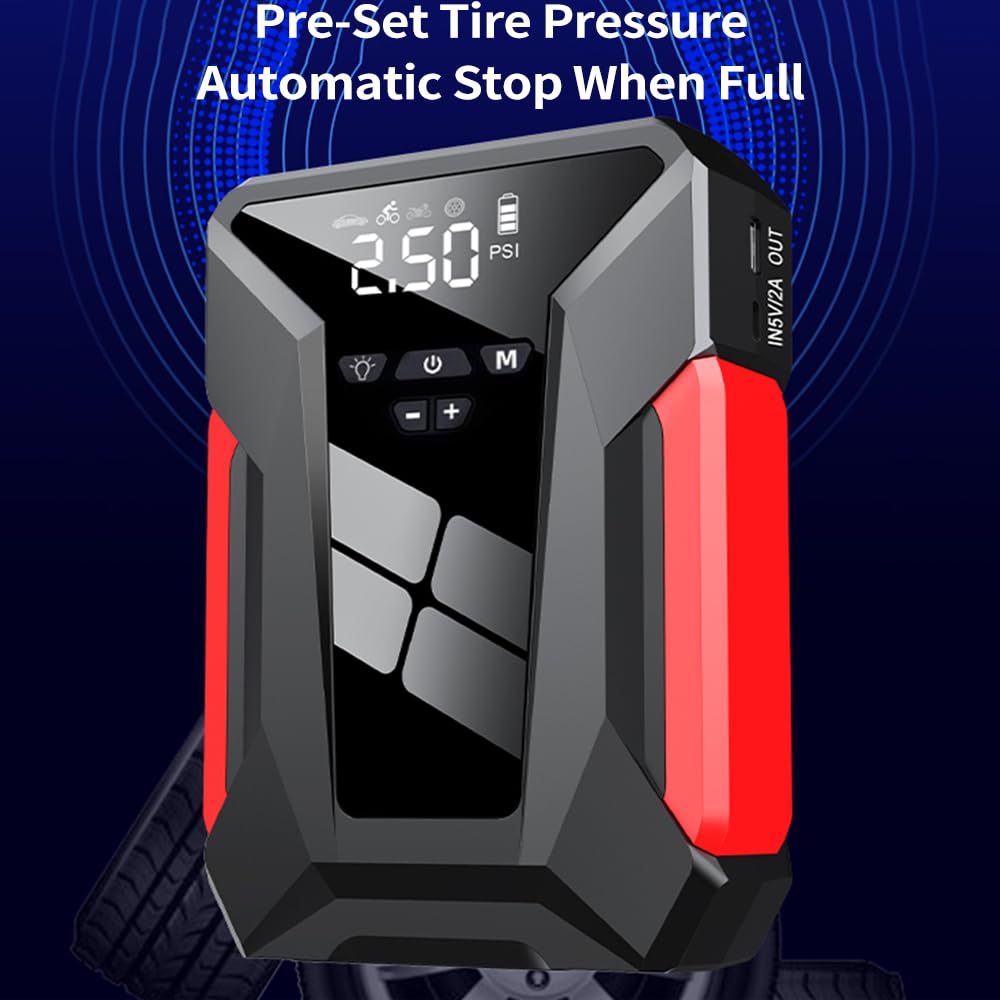 Compresor de aire portátil inflador de neumáticos, bomba de aire eléctrica inalámbrica, arrancador de salto de 10000 mAh 1000 A y compresor de aire con pantalla LED de luz LED para coche, motocicleta