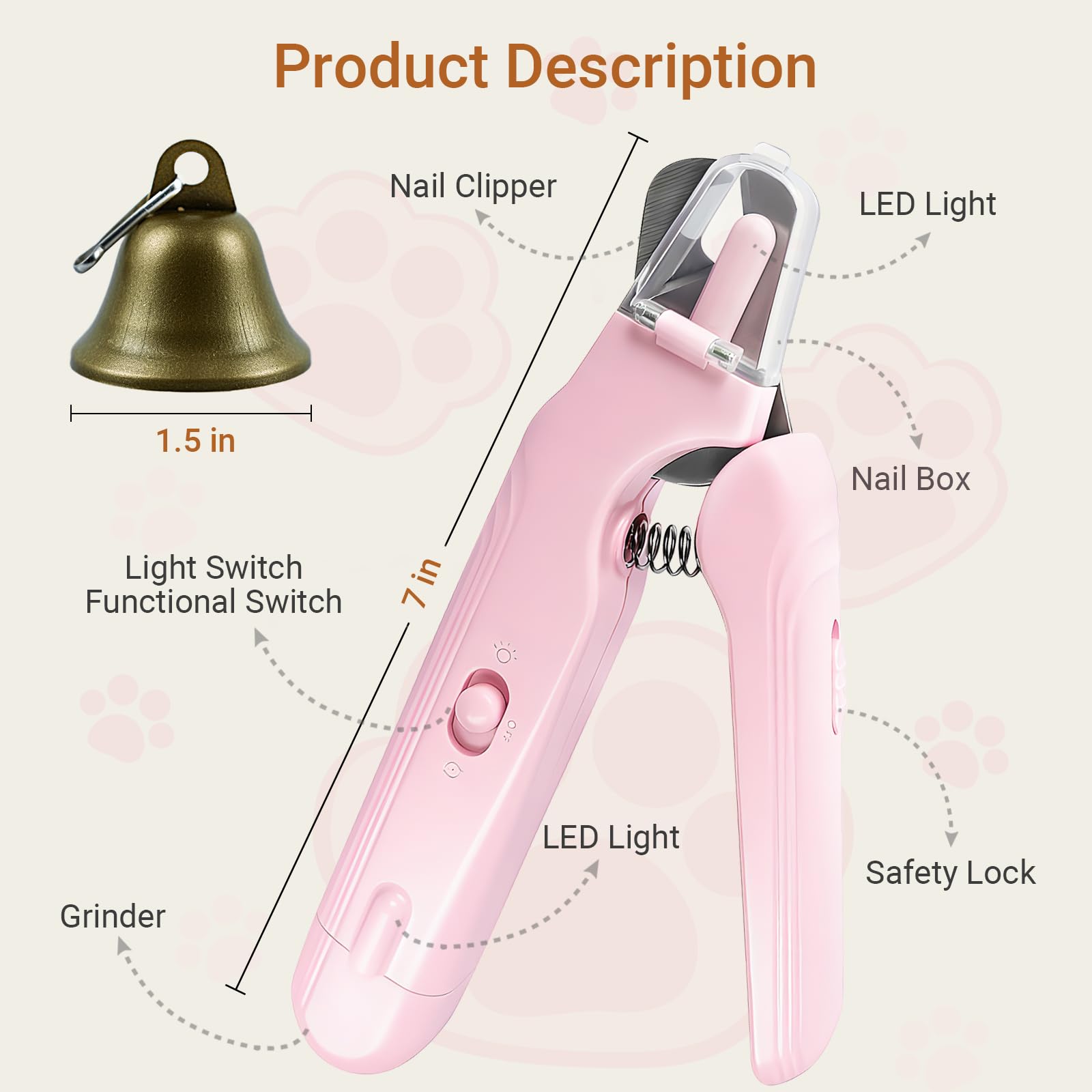 2 in 1 Dog & Cat Nail Clippers Grinder with Lights, Quick Sensor Safety Guard & Ultra-Quiet USB Rechargeable Cat & Dog Nail Trimmers for Small Medium Large Pets Nail Grinder with 2 bells(Pink) - image 2