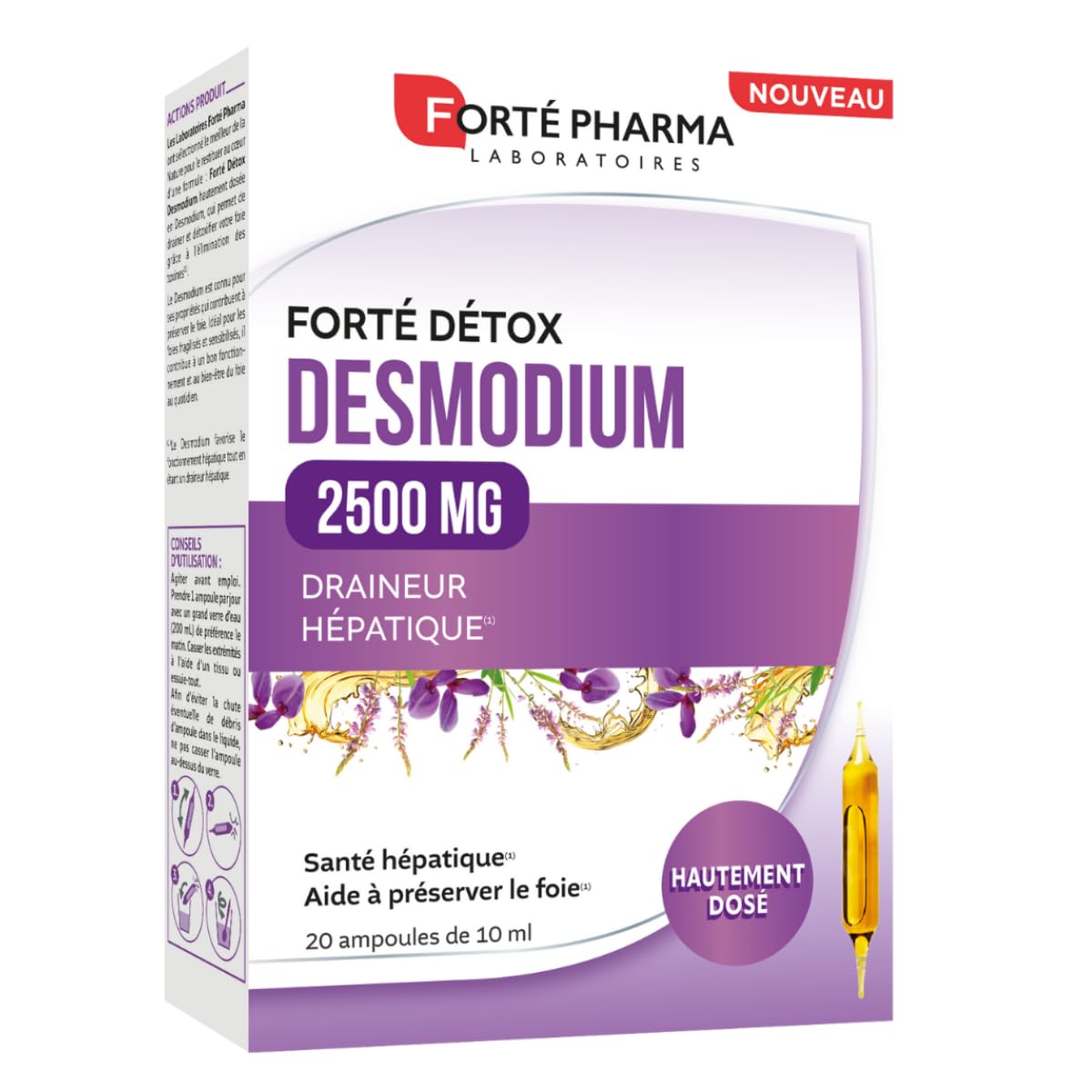 Forté Pharma - FortéDetox Desmodium 2500mg Highly dosed - Dietary Supplement Detox Liver, Natural Drainage and Liver Health - 20 ampoules, 1/Day
