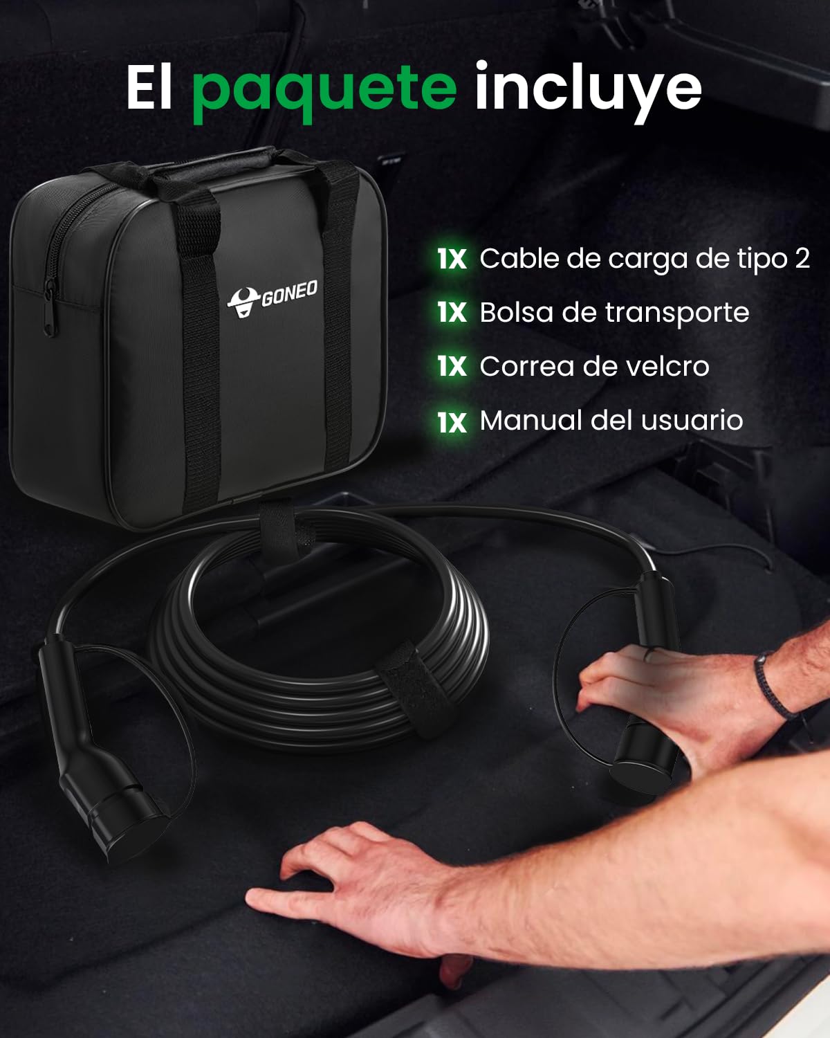 GONEO Cable de Carga Tipo 2 22kW 32A 6M, Modo 3 Cable Carga Para Coche Eléctrico con Bolsa,IP54 Impermeable,Compatible con Tesla,Kia,BYD,Renault,MG,Volkswagen,etc