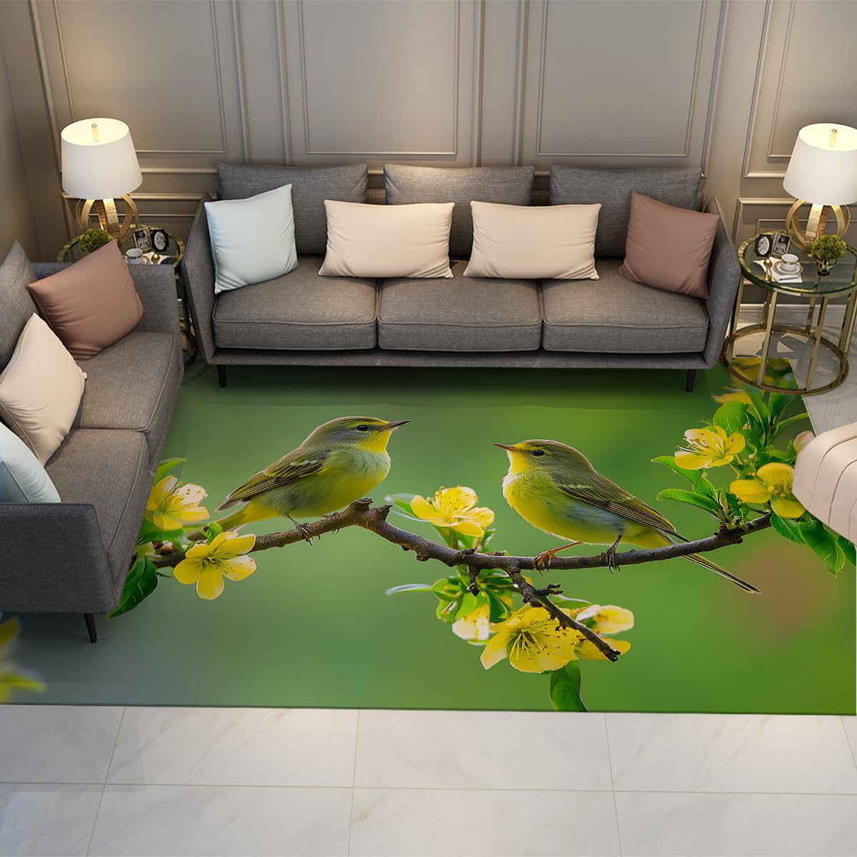 Tapis 60x120cm vert salon fleuri avec oiseau et motif jaune lavable