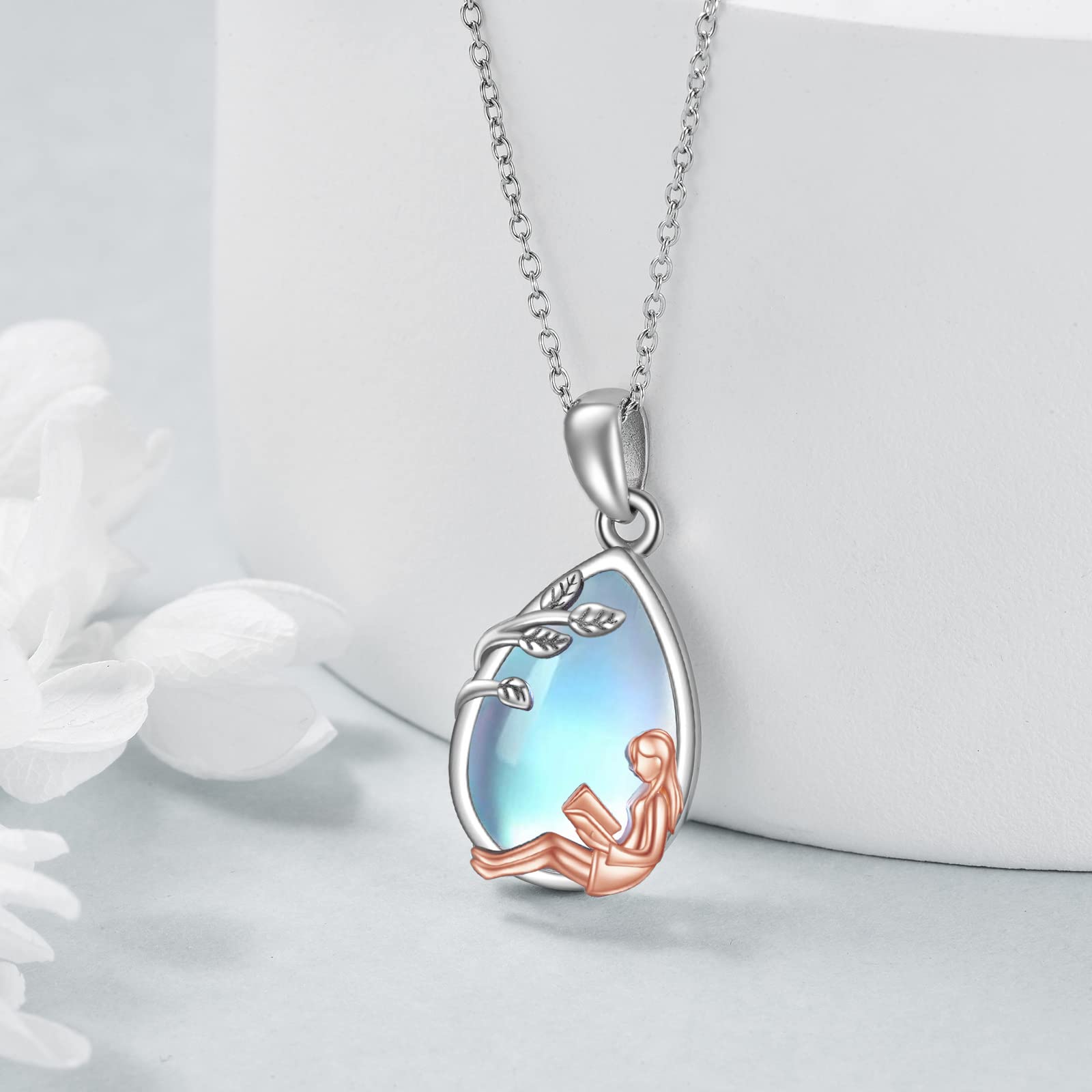 YFN Regalo per libri in argento Sterling, con ciondolo a forma di libro, con pietra di luna, per donne, ragazze, amanti dei libri