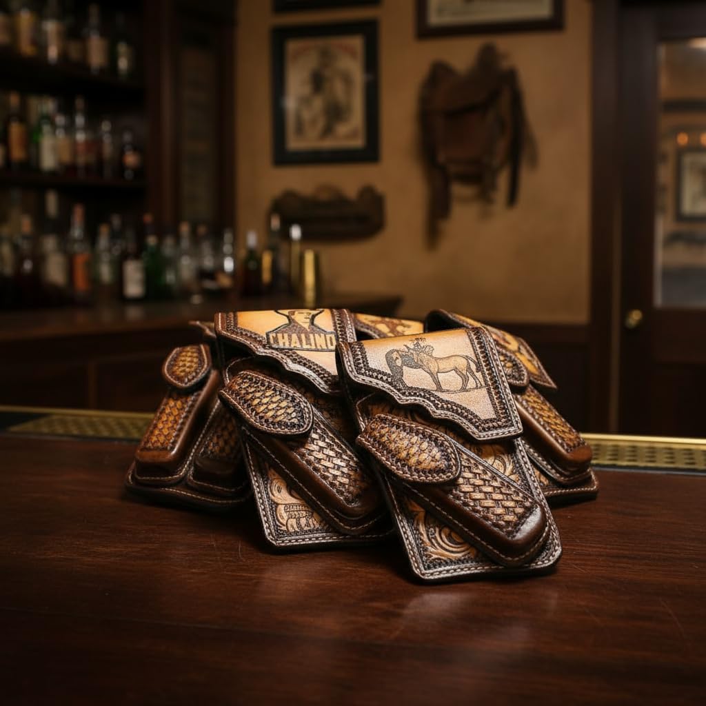 Leather Phone Holster & Knife Holder - Hand Tooled Cowboy, Chalino, Rooster, El Mayo - Made in Mexico Belt Case for Phone