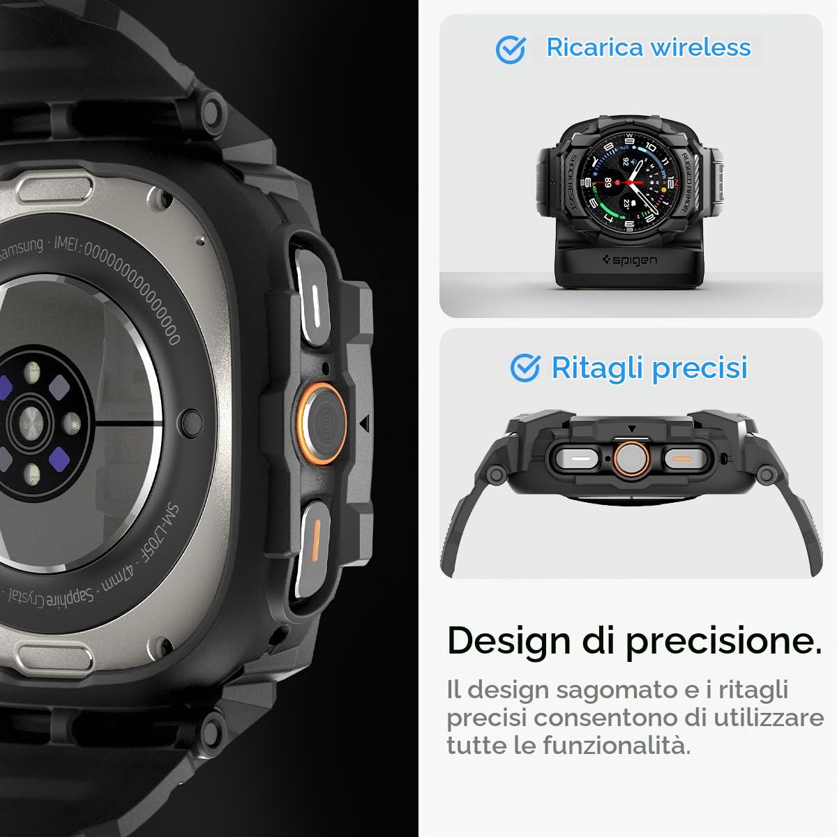 Spigen Cover Rugged Armor Pro con cinturino per Galaxy Watch Ultra 47mm | Custodia unibody in TPU con cinturino, dettagli in fibra di carbonio, bordi rialzati, Modelli 2025/24 - Nero opaco