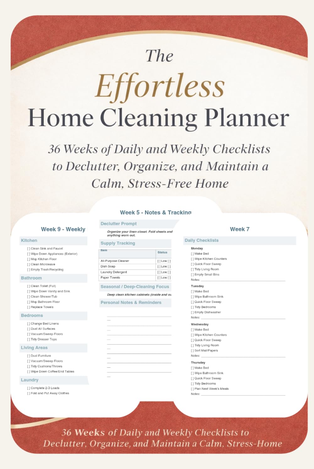 The Effortless Home Cleaning Planner: 36 Weeks of Daily and Weekly Checklists to Declutter, Organize, and Maintain a Calm, Stress-Free Home      Hardcover – Large Print, March 21, 2026