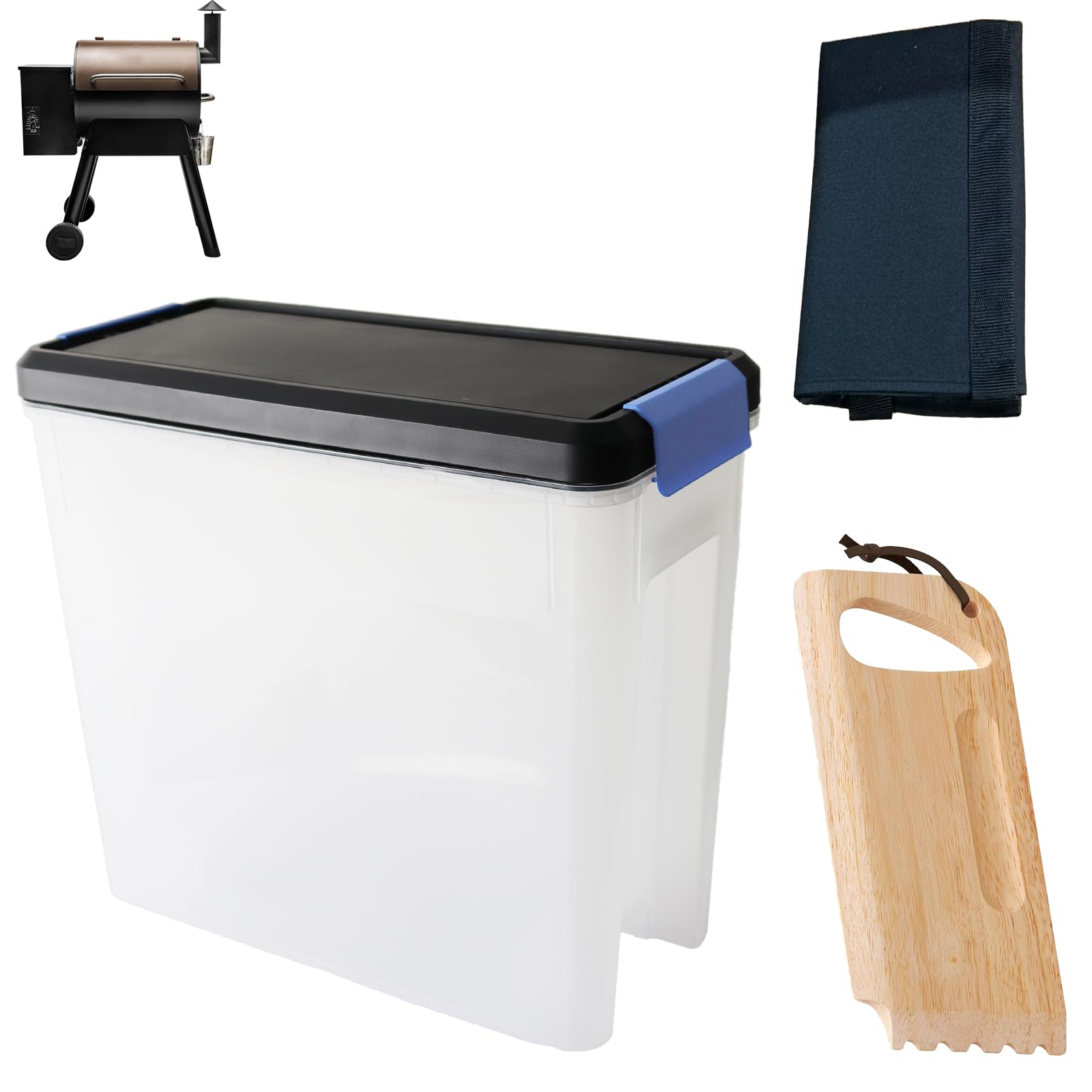WEBROIL Plastic Wood Pellet Storage Containers for Traeger BAC637 & BAC454 Bristle-Free Grill Scraper,Multi-functional Charcoal/Cat food/Dog Food/Keep Dry Clear 22lb Capacity Bucket with Locking Lid