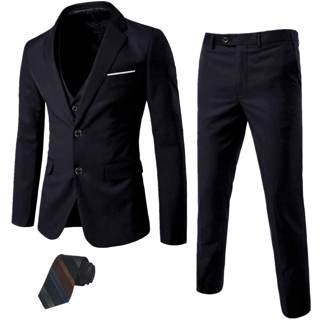 Men's 3 Piece Slim Fit Suit Set, 2 Button Blazer Jacket Vest Pants with Tie, Solid Wedding Dress Tux and Trousers