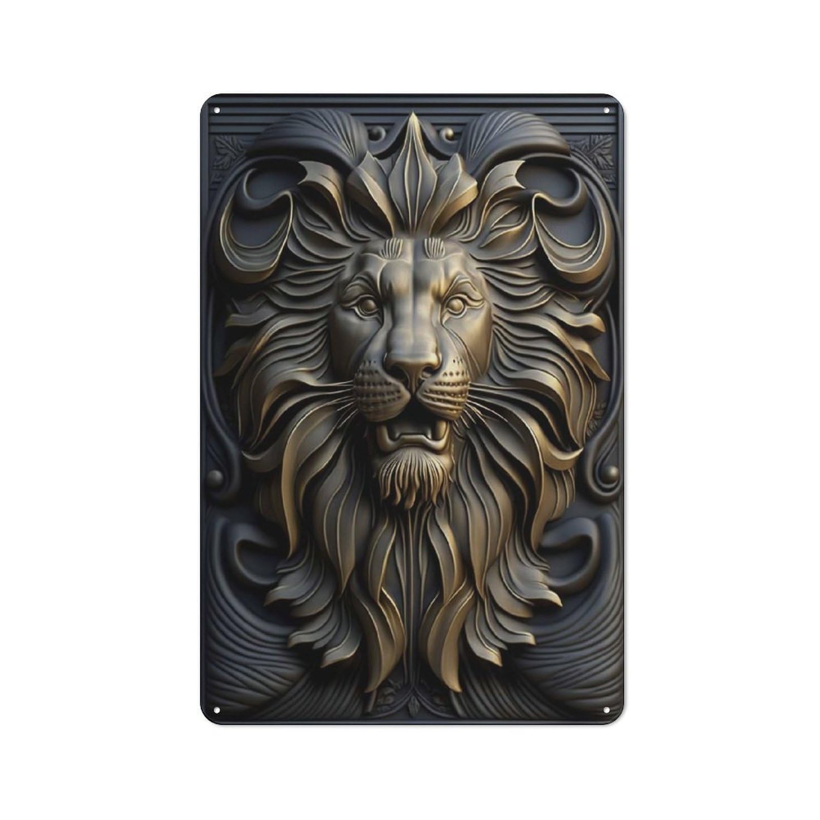 Junmoney Style-10 Tin Wall Plaque 30X20cm With Lion Gold Relief Deco For Garage Wall, Suited To People Furnishing A Garage