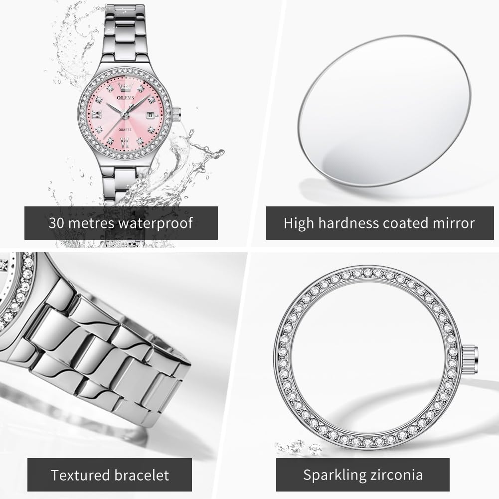 OLEVS Damen-Armbanduhr, Diamant, modisch, analog, Quarz, Edelstahl, wasserdicht, leuchtend, zweifarbig, Armbanduhr für Damen