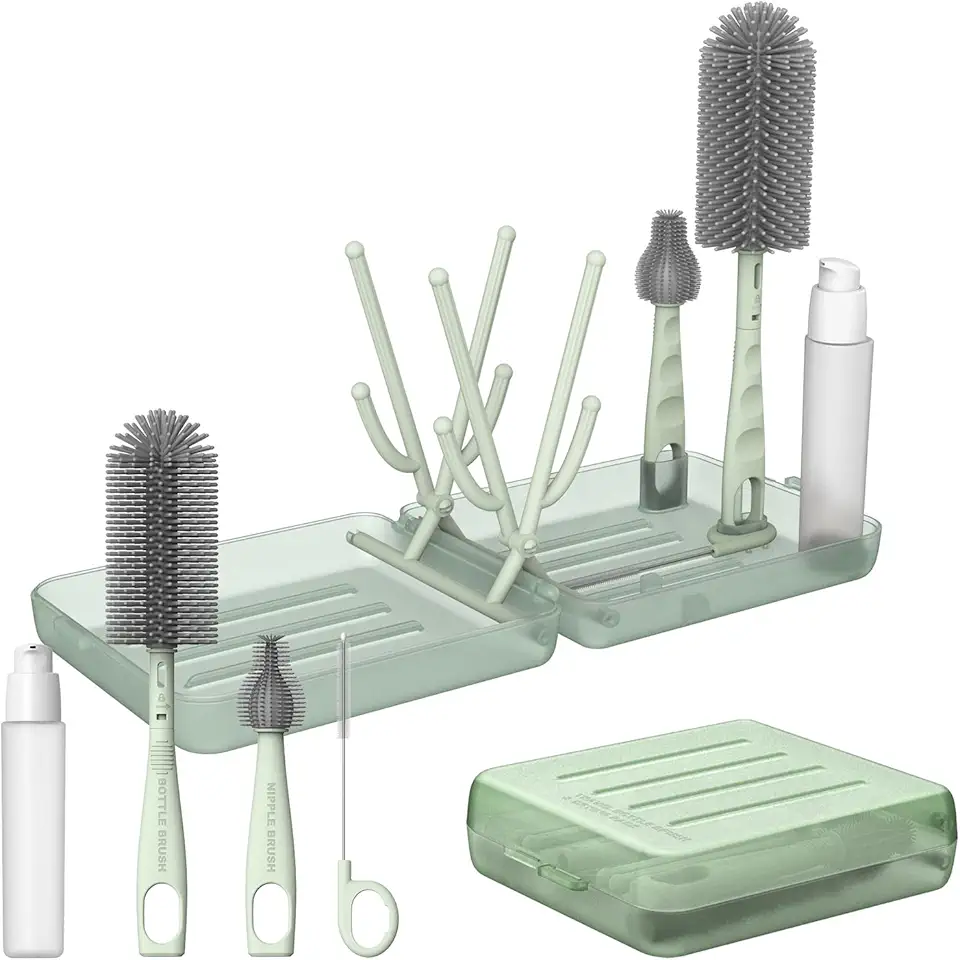 ORAGKE Goupillon Biberon Silicone 6 en 1, Brosse Biberon Bébé, Kit Complet avec Egouttoir Biberon Bebe / 3 Brosses/Distributeur, Brosse Nettoyage Voyage avec Egouttoir Pliable/Étui (Vert)