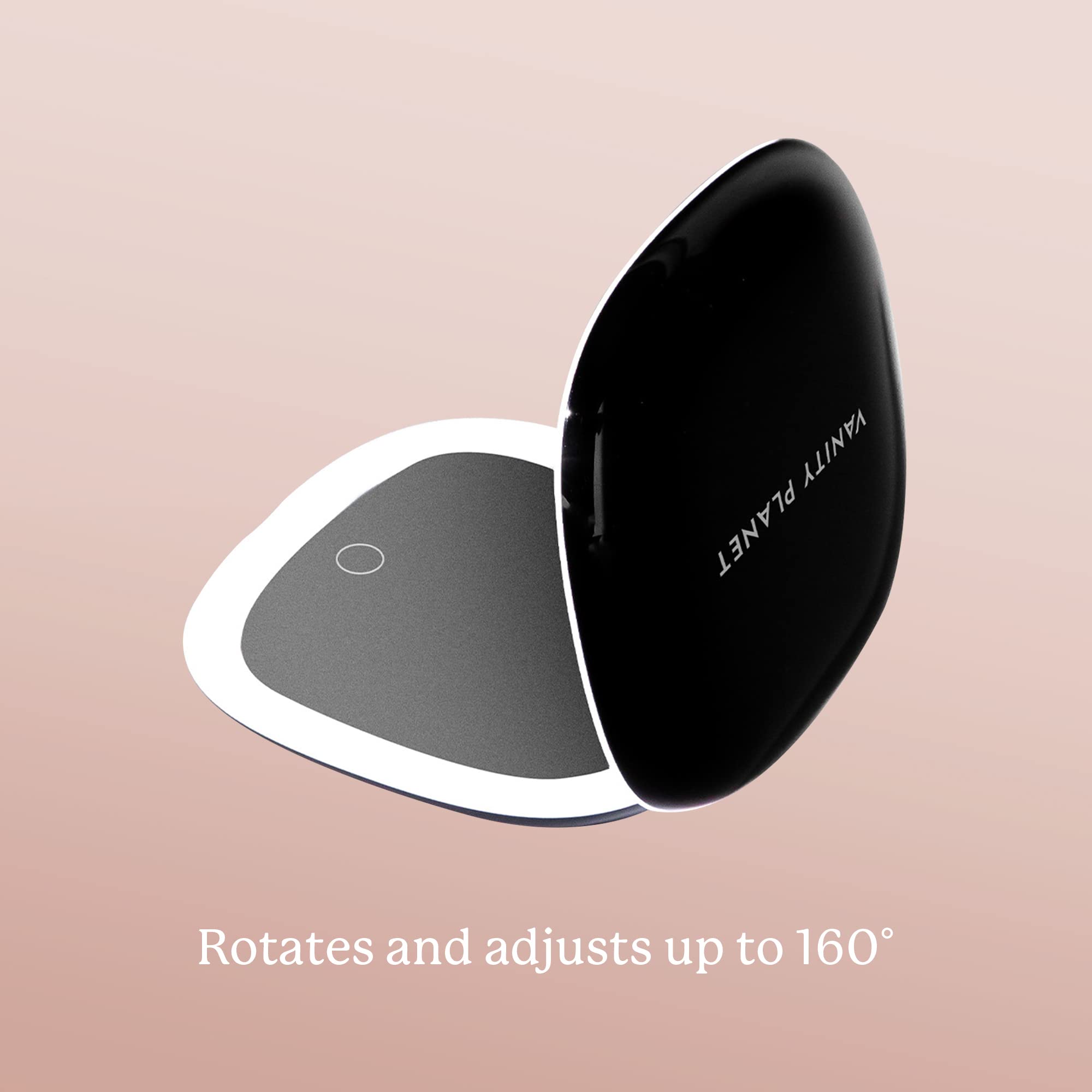 Vanity Planet Moda - Espejo de maquillaje de bolsillo con luces y aumento, mini espejo de maquillaje compacto y de viaje, portátil, ajustable y recargable LED para llevar sobre la marcha, color negro
