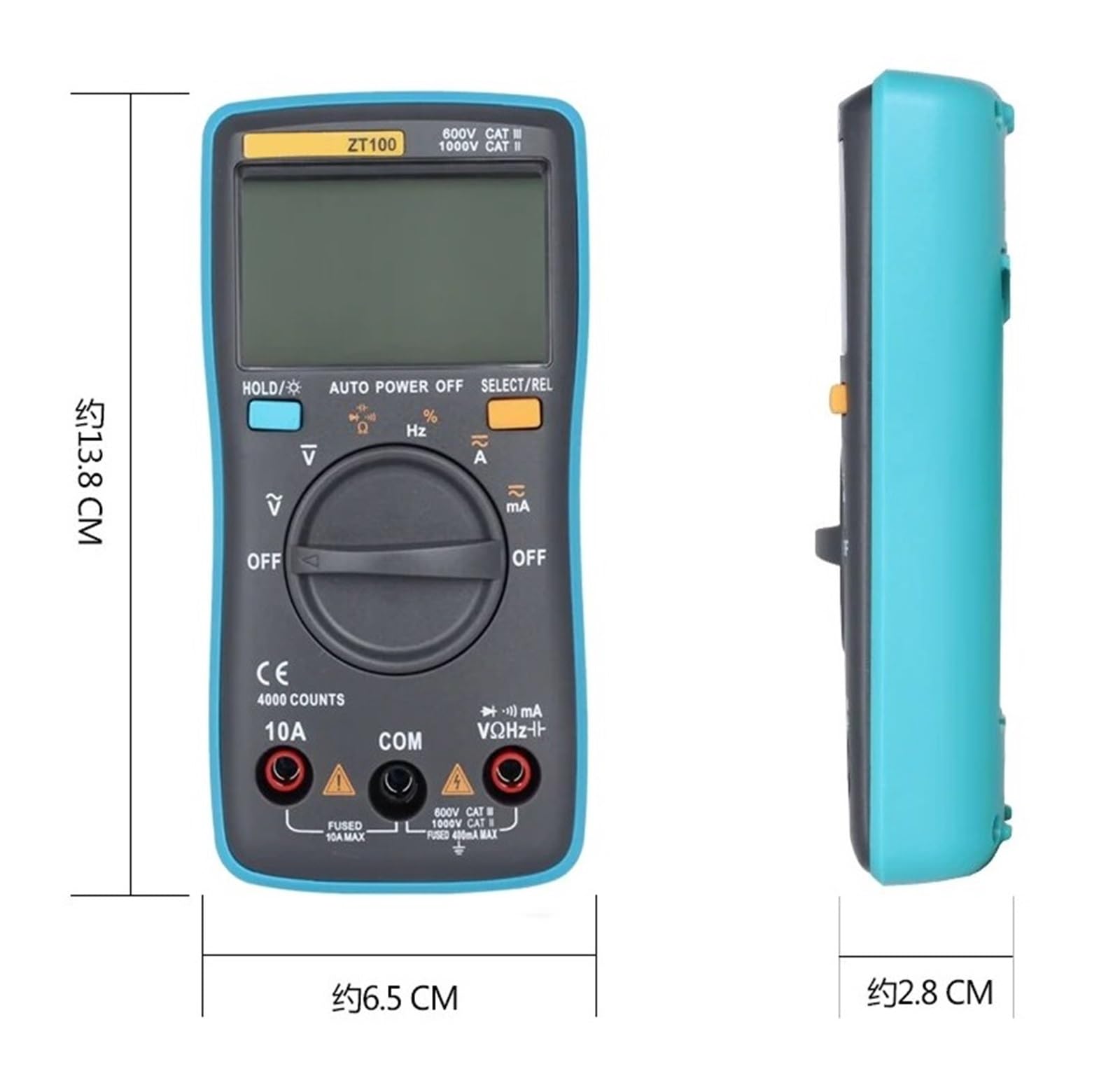 Multimetr Cyfrowy 4000 Zliczeń Napięcie DC/AC Prąd Pojemność Hz Dioda Ohm Tester Amperomierz Woltomierz Podświetlenie Szybko Dokładnie Łatwy Odczyt(ZT100 with T1101)