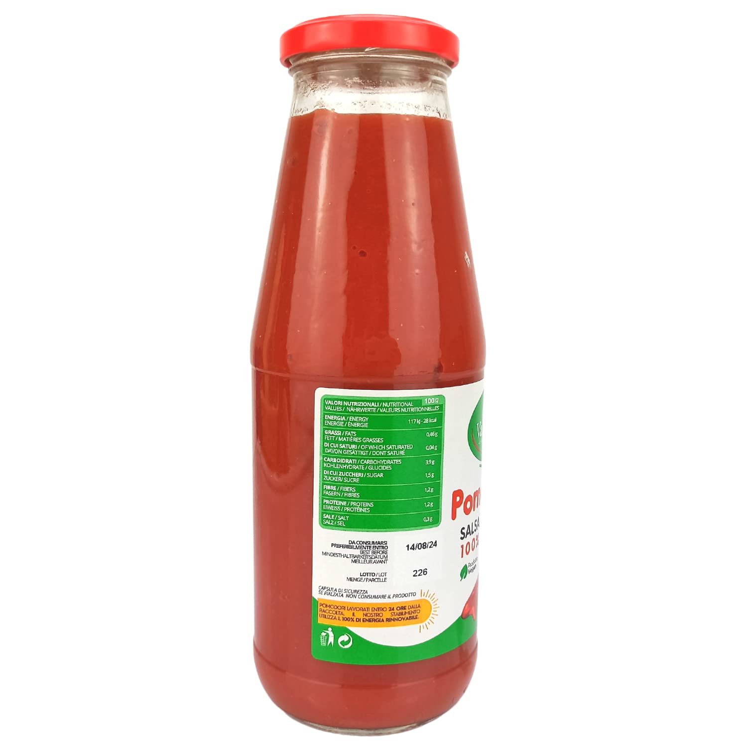 Valle del Crati Sauce Tomate 100% Italienne | 12 bouteilles | Purée de tomates naturelle, végétalienne, sans gluten | Idéal pour les pâtes, pizza, viande, poisson | Prêt en 5 minutes | 12x720ml