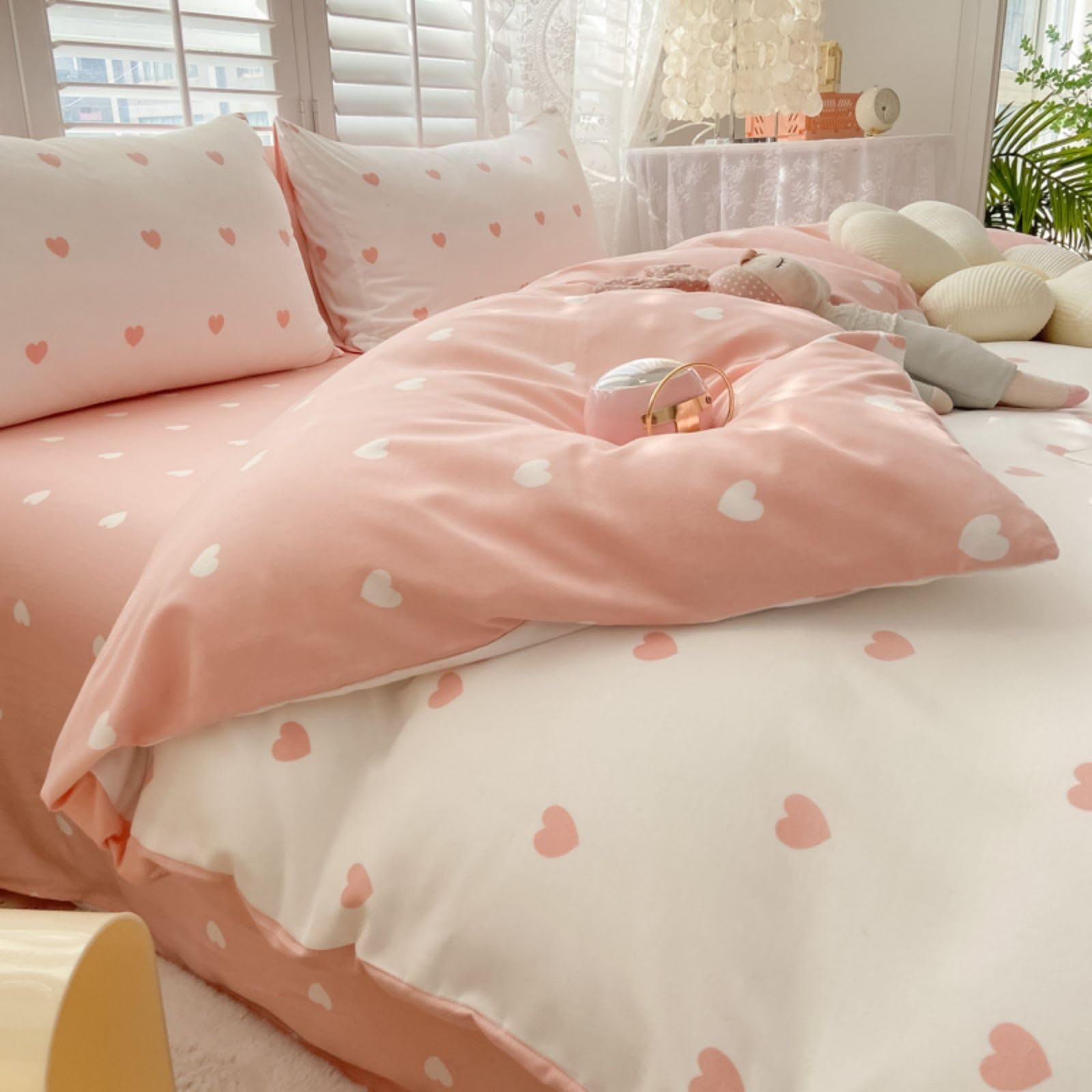 Freyamy - Funda nórdica de 220 x 240 cm y 2 fundas de almohada de 65 x 65 cm, diseño de corazón, color rosa y blanco, juego de funda nórdica de microfibra con cremallera