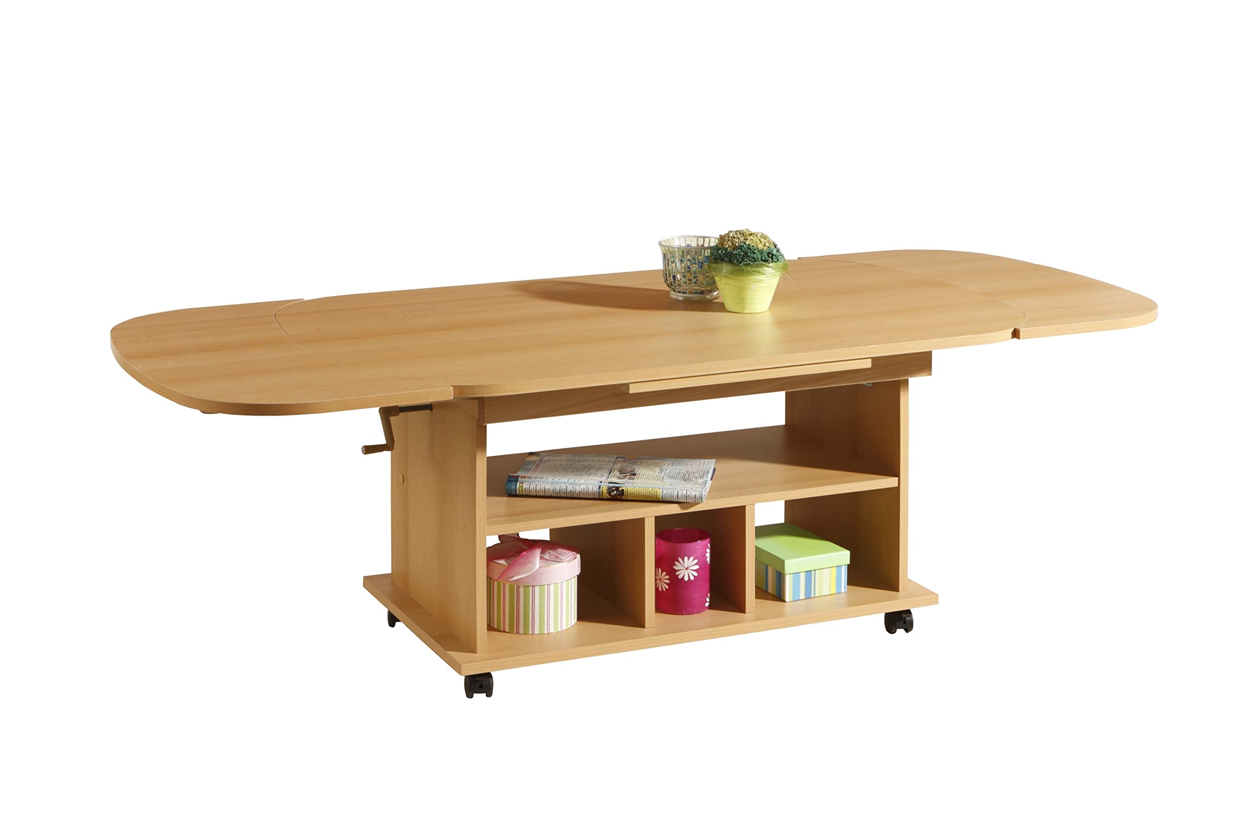 Hela Tische, Babsi - Mesa Auxiliar (Material Compuesto de Madera, Revestimiento de Melamina, Diseño de Haya, Altura Regulable 53-63 cm, Extensible 107-157 cm, con Ruedas)