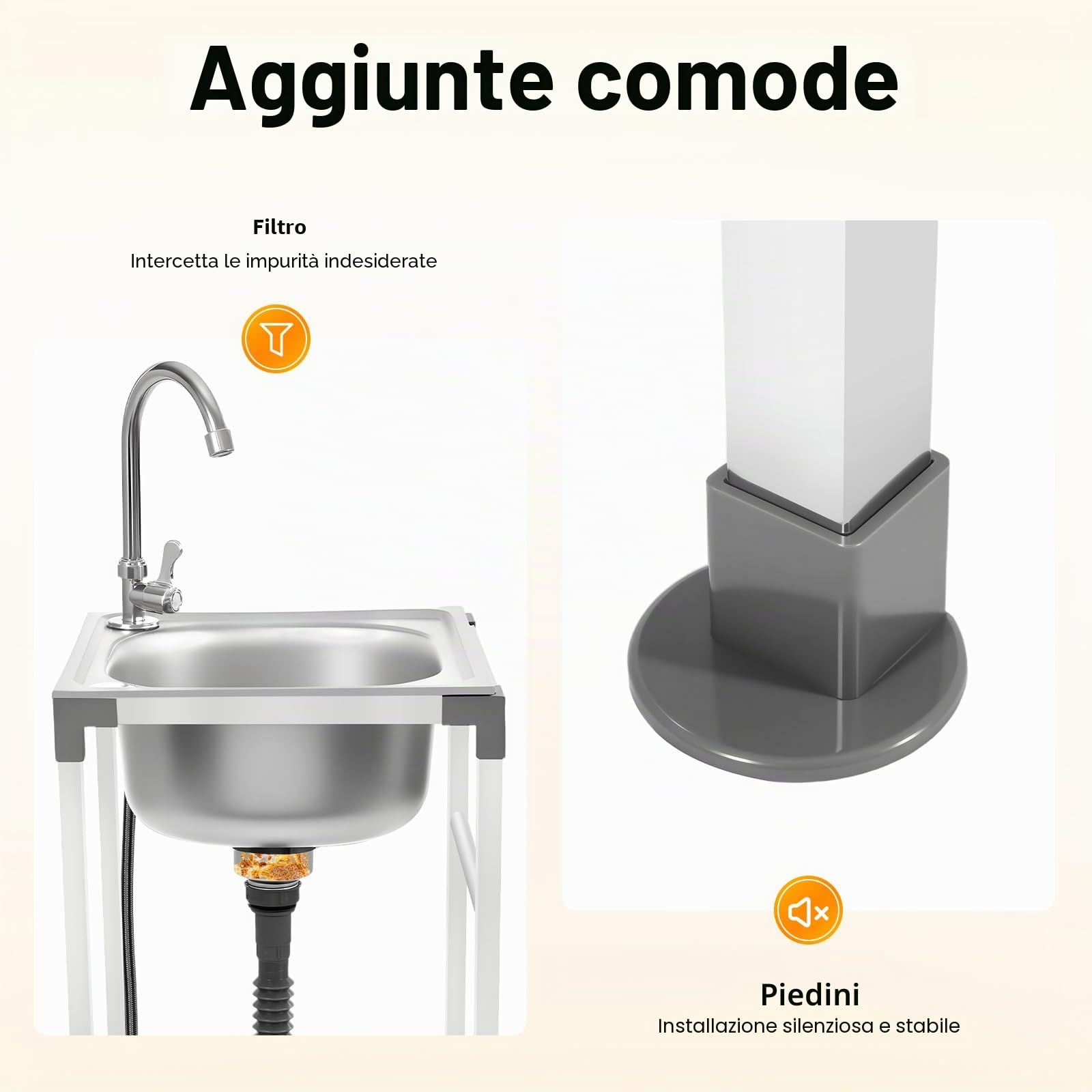 Lavabo Indipendente in Acciaio Inox, Lavello Per Cucina con Rubinetto Dell'acqua Fredda e Cestello Filtro, Lavello Da Esterno con Scarico, Massima 60 kg (38 x 33 x 83 cm)