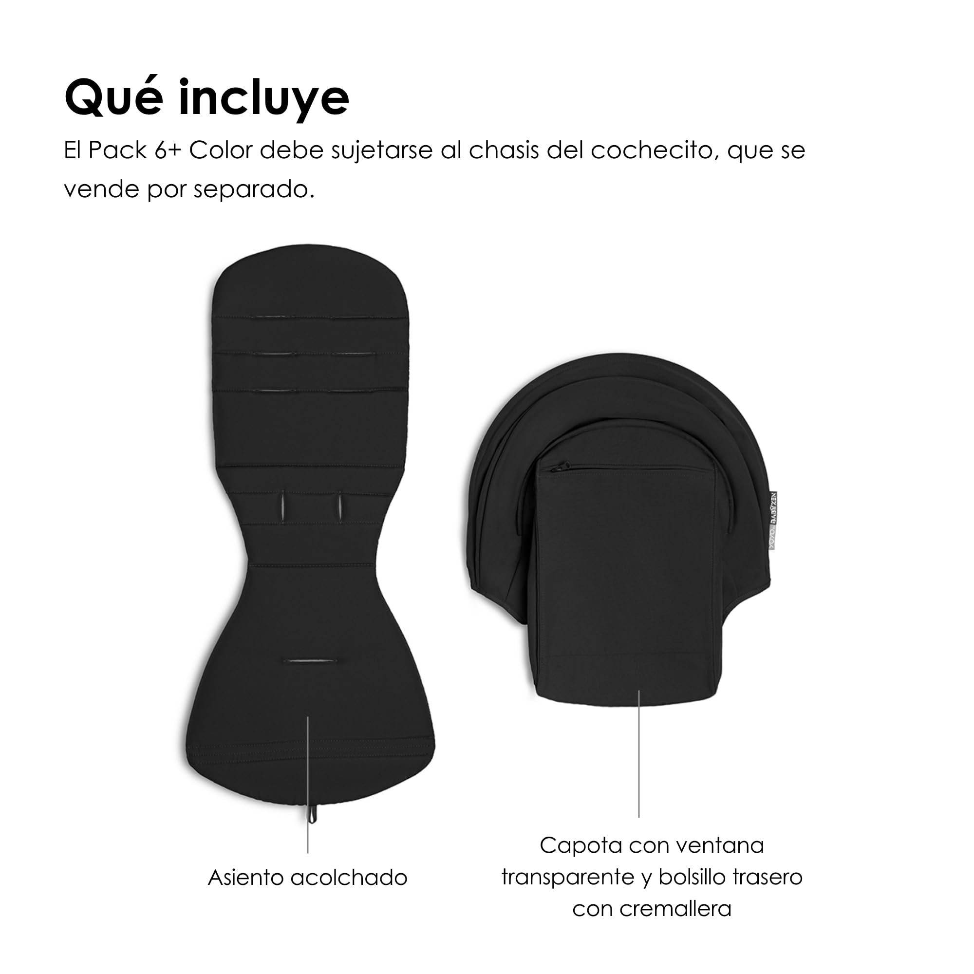 BABYZEN YOYO Pack 6+ Color, Negro - Solo Textiles: Cojín del asiento, capota a juego y bolsillo trasero con cremallera - Requiere el Chasis YOYO2 (se vende por separado)