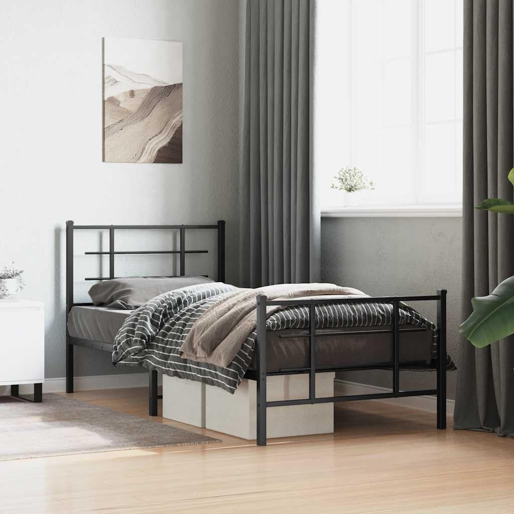 vidaXL Metalowa rama łóżka z wezgłowiem i zanóżkiem, czarna, 90x200 cm