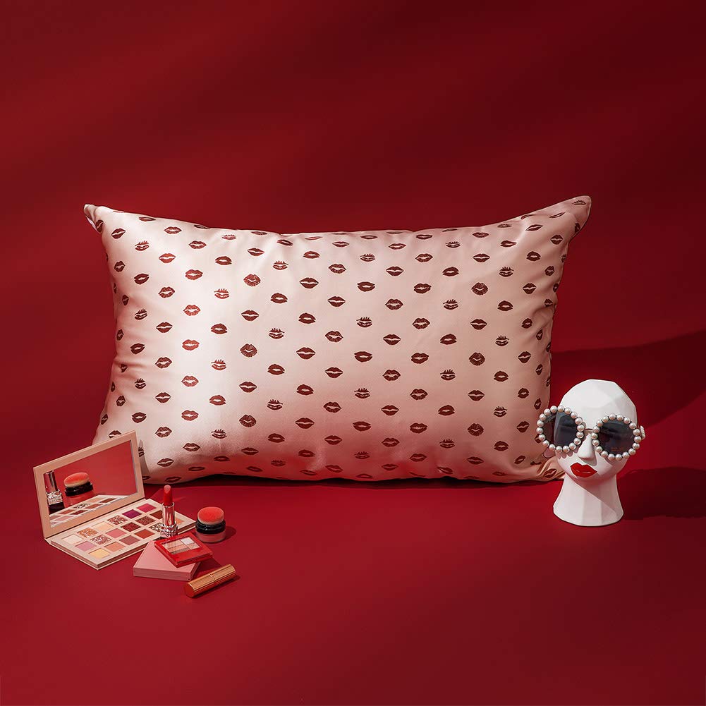 THXSILK Mulberry Silk Pillowcase with Tencel Underside for Hair and Skin, 1 Pcs Luxury 19 Momme Mulberry Silk Pillow Cases with Hidden Zipper Closure, Queen, Sexy-lip-Pink