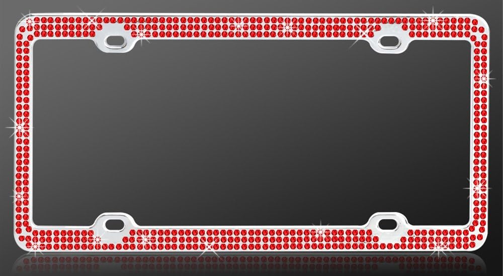 Chrome Metal Car License Plate Frame with Triple Row Red Crystals