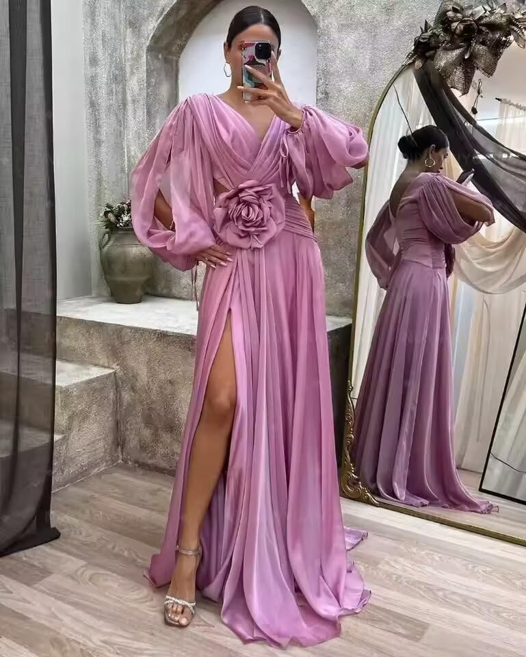 Chiffon 3D Floral Formal Party Dresses Long Sleeves Bridesmaid Dress 2025 V Neck Pleated Evening Gowns with Split2
