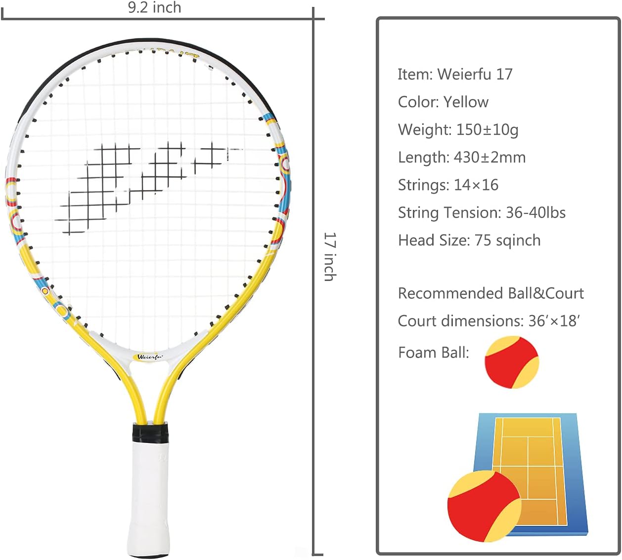 Weierfu Junior Tennis Racket for Kids Toddlers Starter Racket 17" with Cover Bag Light Weight(Strung)(Yellow) : Sports & Outdoors