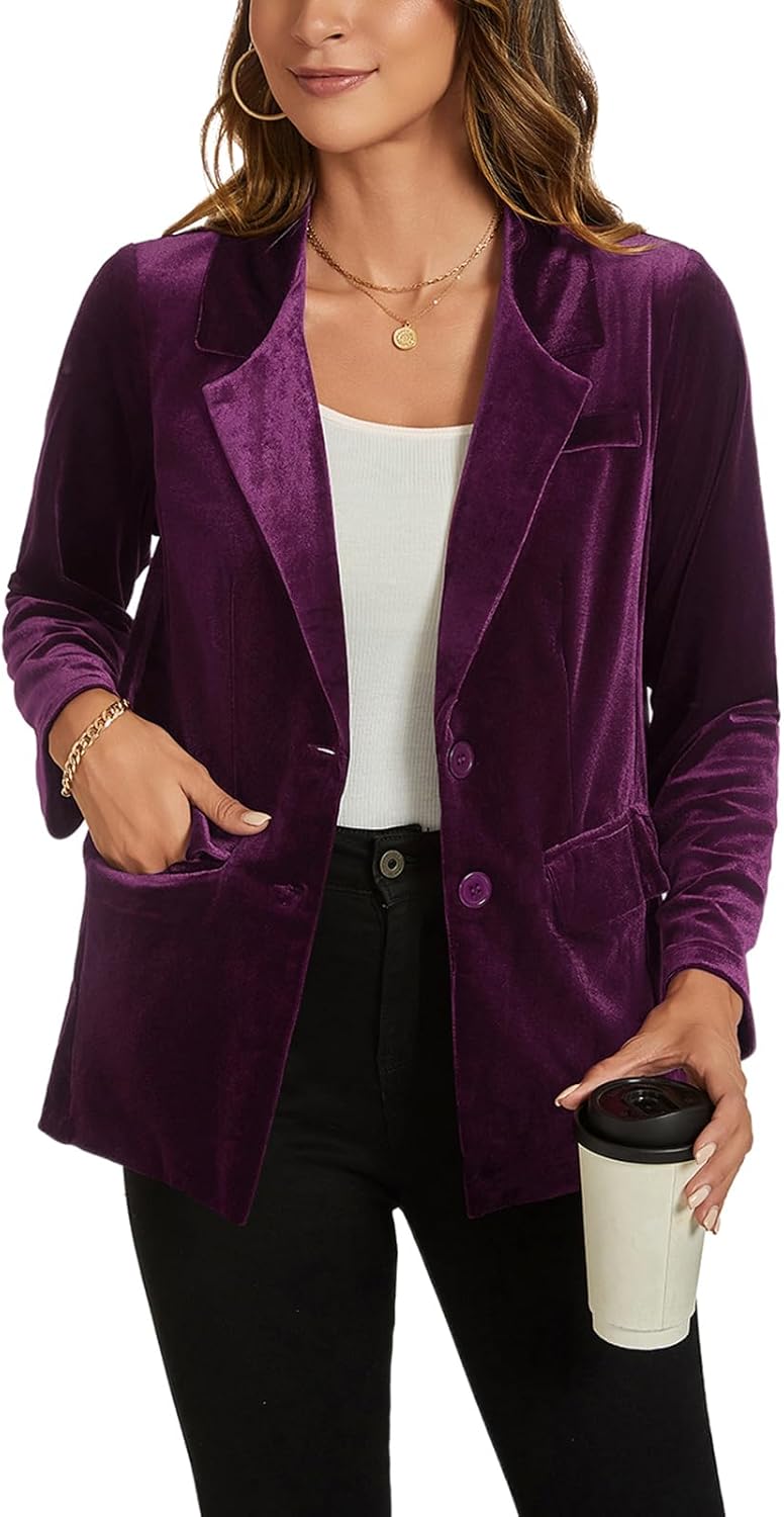 MINTLIMIT Womens Velvet Jacket Casual Work Office Long Sleeve Lapel Collar Button Blazer Jackets with Pockets Outerwear, Purple
