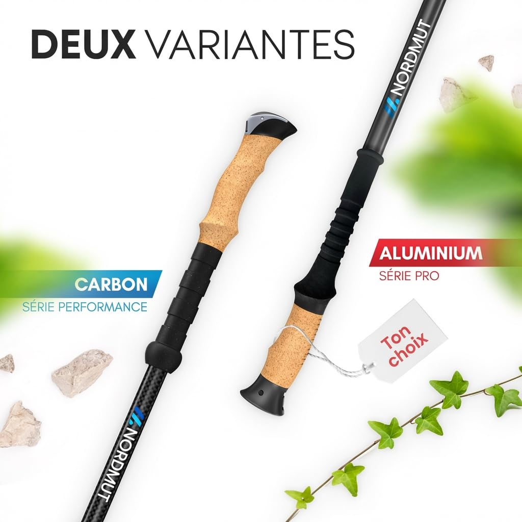 NORDMUT® Bâtons de randonnée télescopiques de qualité supérieure [aluminium et carbone] Bâtons de marche nordique réglables pour homme et femme | Bâtons de trekking ultra légers [avec jeu de tampons en caoutchouc] extensibles avec poignée en liège véritab