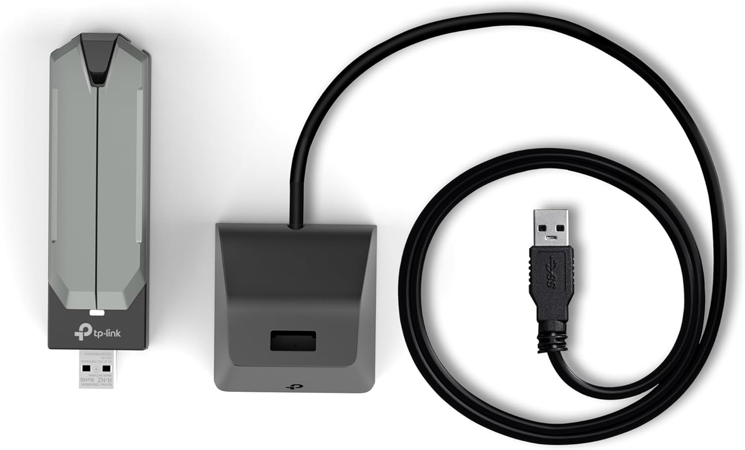 Contents of the TP-Link Archer TBE401UH package: adapter, cradle, and USB cable