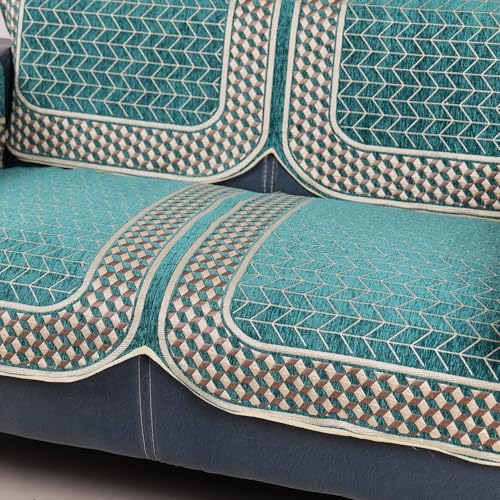 Image of Premium Teal Chenille Woven Anti-Slip 5 Seater Sofa Cover | L-Shape Sofa Seat Protector for Living Room | Durable & Stylish Slipcover - Turquoise - 3D