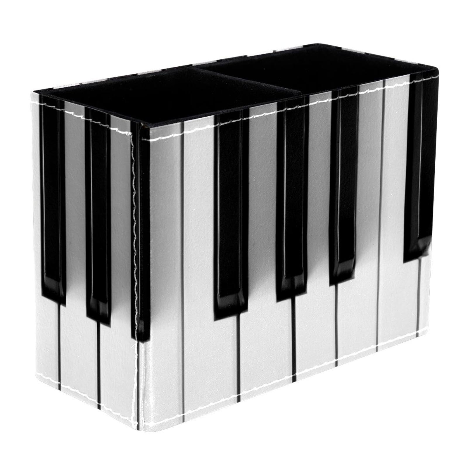 VAPOKF Black and White Piano Pen Holder for Desk, 2 Compartments Pen Pot Pencil Holders Makeup Brushes Storage Desktop Stationary Supplies Organiser for Home Office