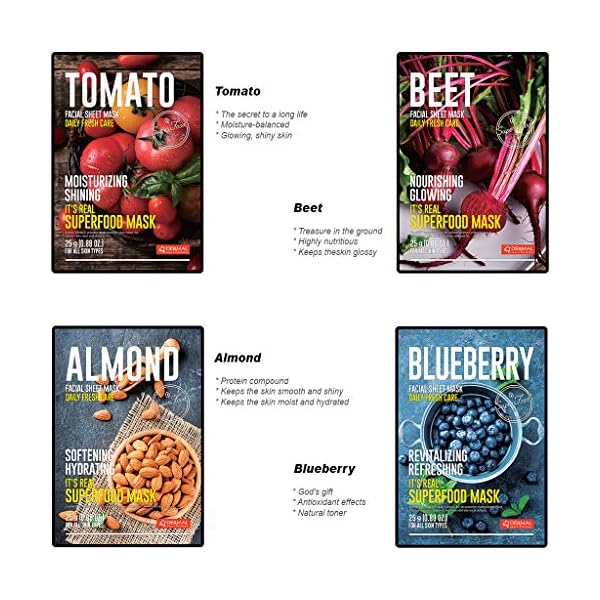 DERMAL-Super-Food-Facial-Mask-Sheet-25g-Pack-of-14-2-Weeks-Daily-Skincare-Real-Fresh-Healthy-Superfood-Facial-Mask-Combo-Set-Super-Adhesion-Sheet-Pore-Care-Moisturizing-Soothing-Anti-Wrinkle DERMAL Super Food Face Masks Skincare- 12 Pack Facial Sheet Mask for a Glowing Refreshing Skin- Moisturizing Sheet Masks for Face Enriched with Natural Ingredients for All Skin Types