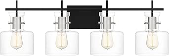 Quoizel Pensbury 32 Inch 4 Light Matte Black Bath Vanity Light with Clear Glass Shades and Brushed Aluminum Accents, Modern Wall Light for Bathroom or Powder Room