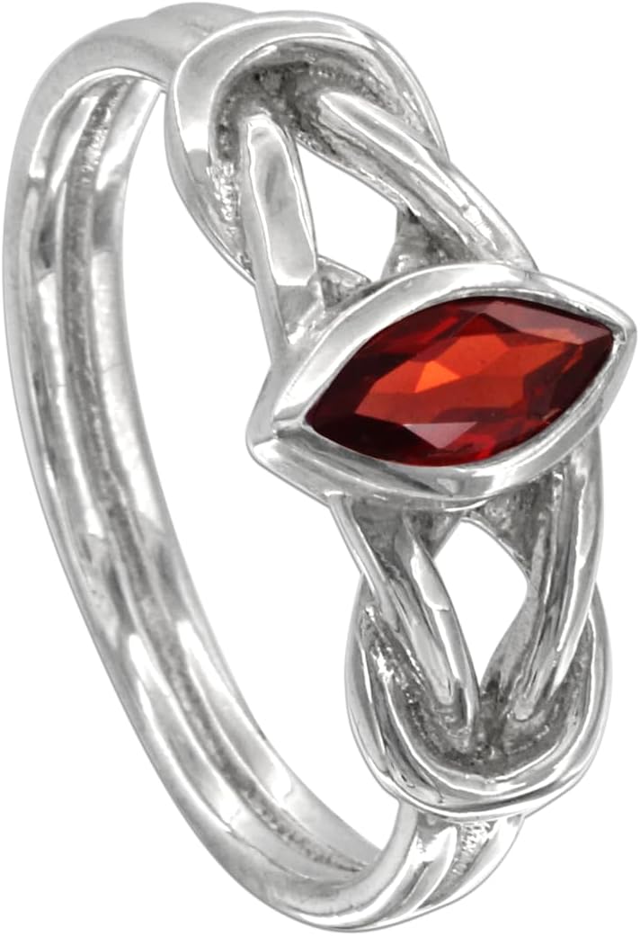 Moonlight Mysteries Sterling Silver Woven Celtic Knot Garnet Gemstone Ring (Sizes 4-15)
