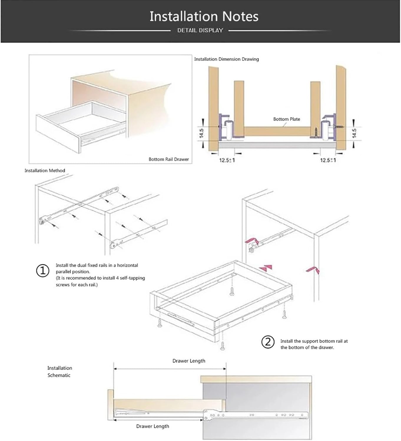 Side Mount Cabinet Runners Glides 1Pair Two Section Drawer Track Slides Cabinet Keyboard Pulley Furniture(20 inches (50CM))