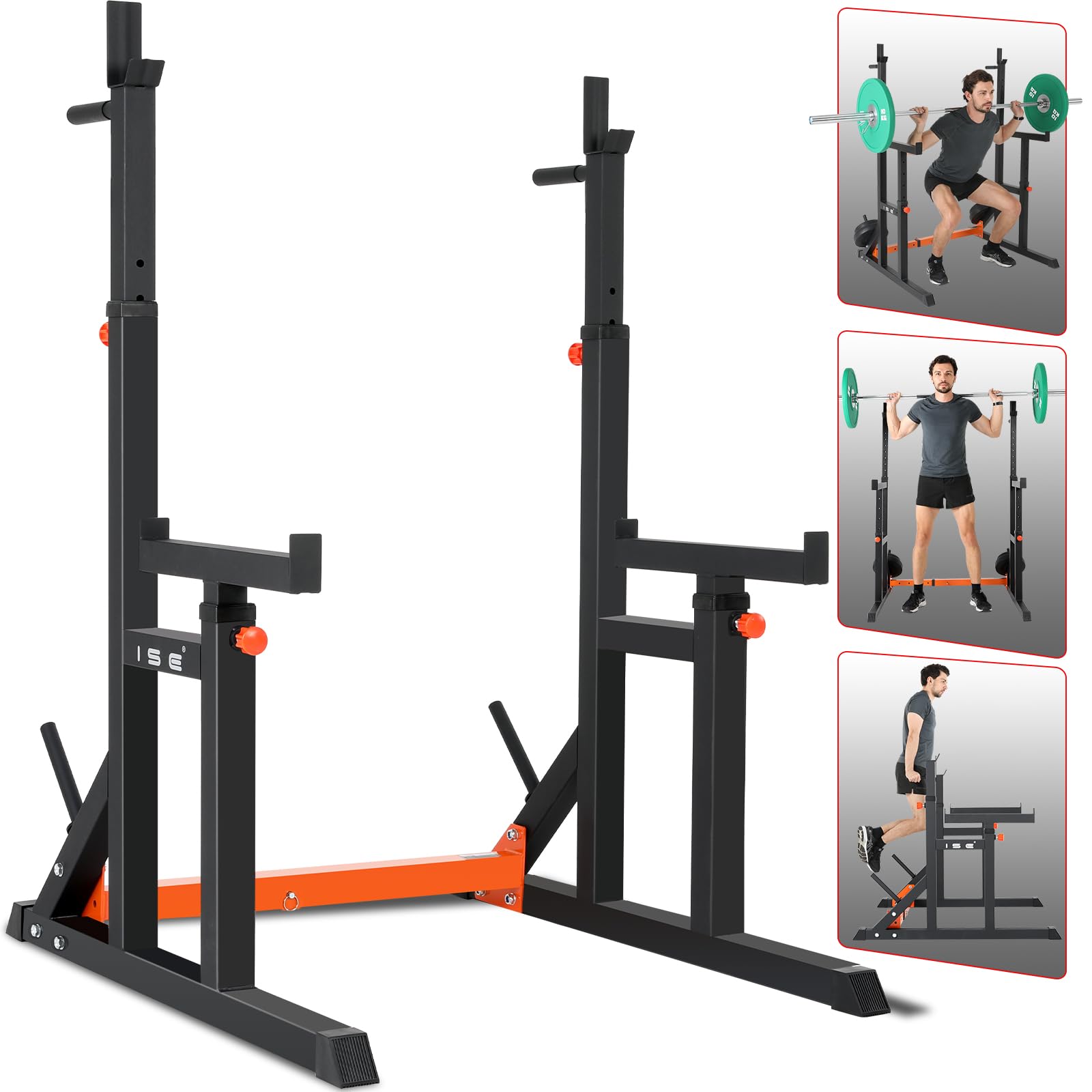 ISE Support Barre de Musculation Multifonction, Rack Squat avec Barres pour Haltères, Cage de Musculation en Acier, Rack Musculation Hauteur et Largeur Réglable, Cage Squat, Home Gym Noir et Rouge