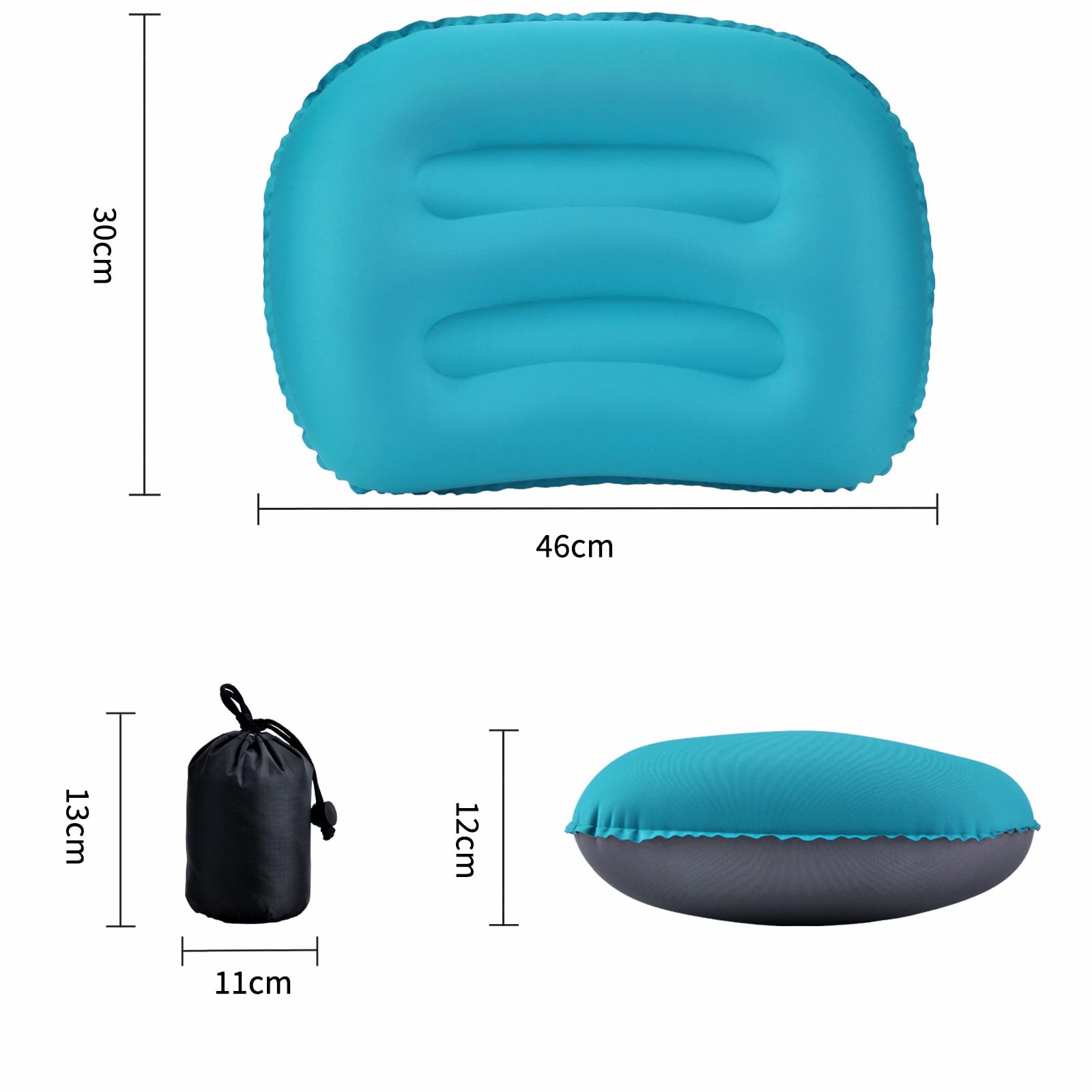 2er Set Aufblasbare Camping Kissen Strandkissen 80g Ultraleicht Reisekissen Tragbare für Büro, Auto 46x30 cm (Pfauenblau)