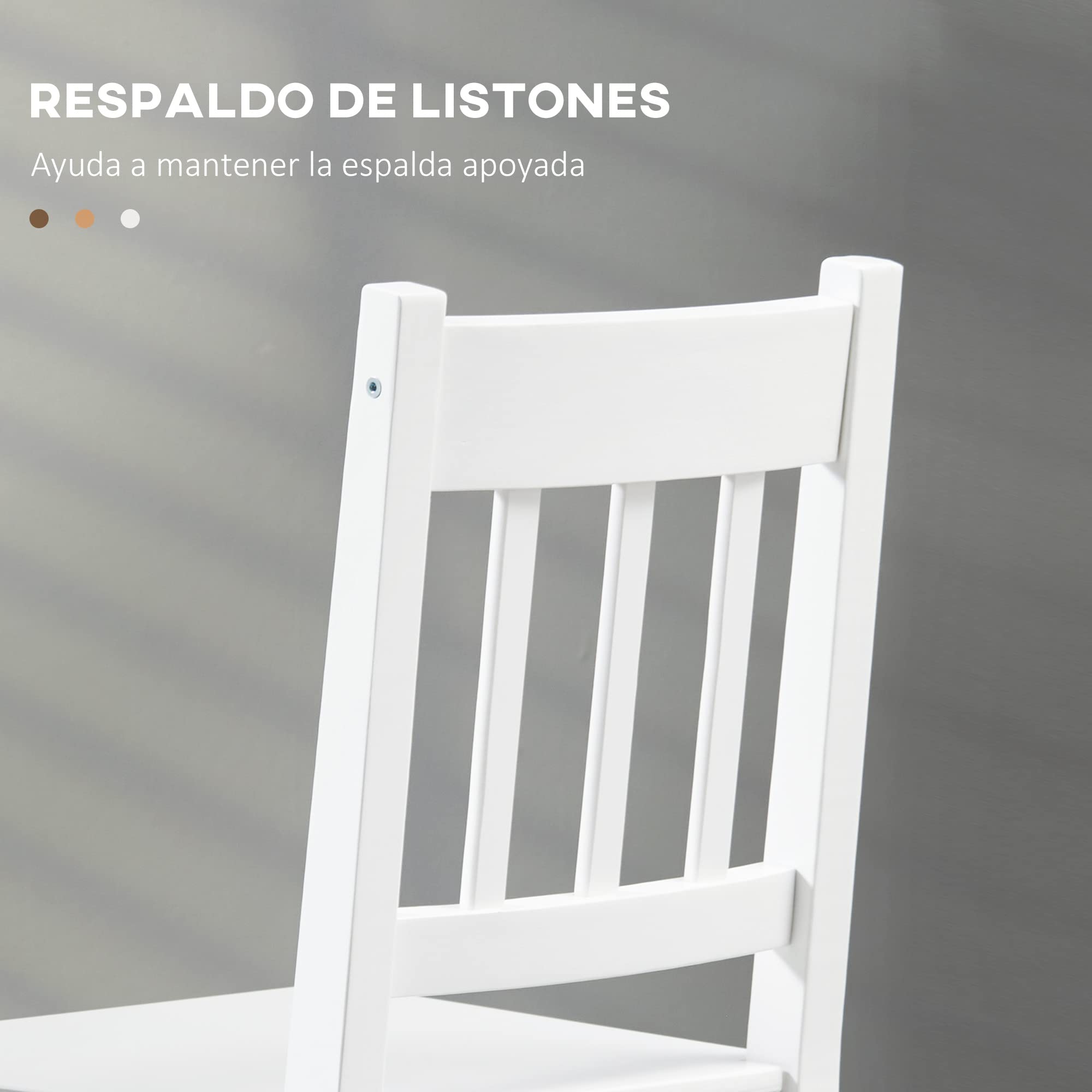 HOMCOM Juego de 2 Sillas de Comedor de Madera Maciza de Pino, Sillas de Cocina con Respaldo de Listones, Asiento Amplio, para Salón, Blanco
