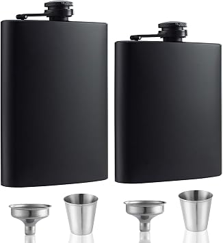 2 Pack Stainless Steel Leakproof Hip Flasks - 8 Oz & 12 Oz with Funnels, Cups & Never-Lose Metal Cap - Perfect for Wedding Party Gifts & Outdoor Activities