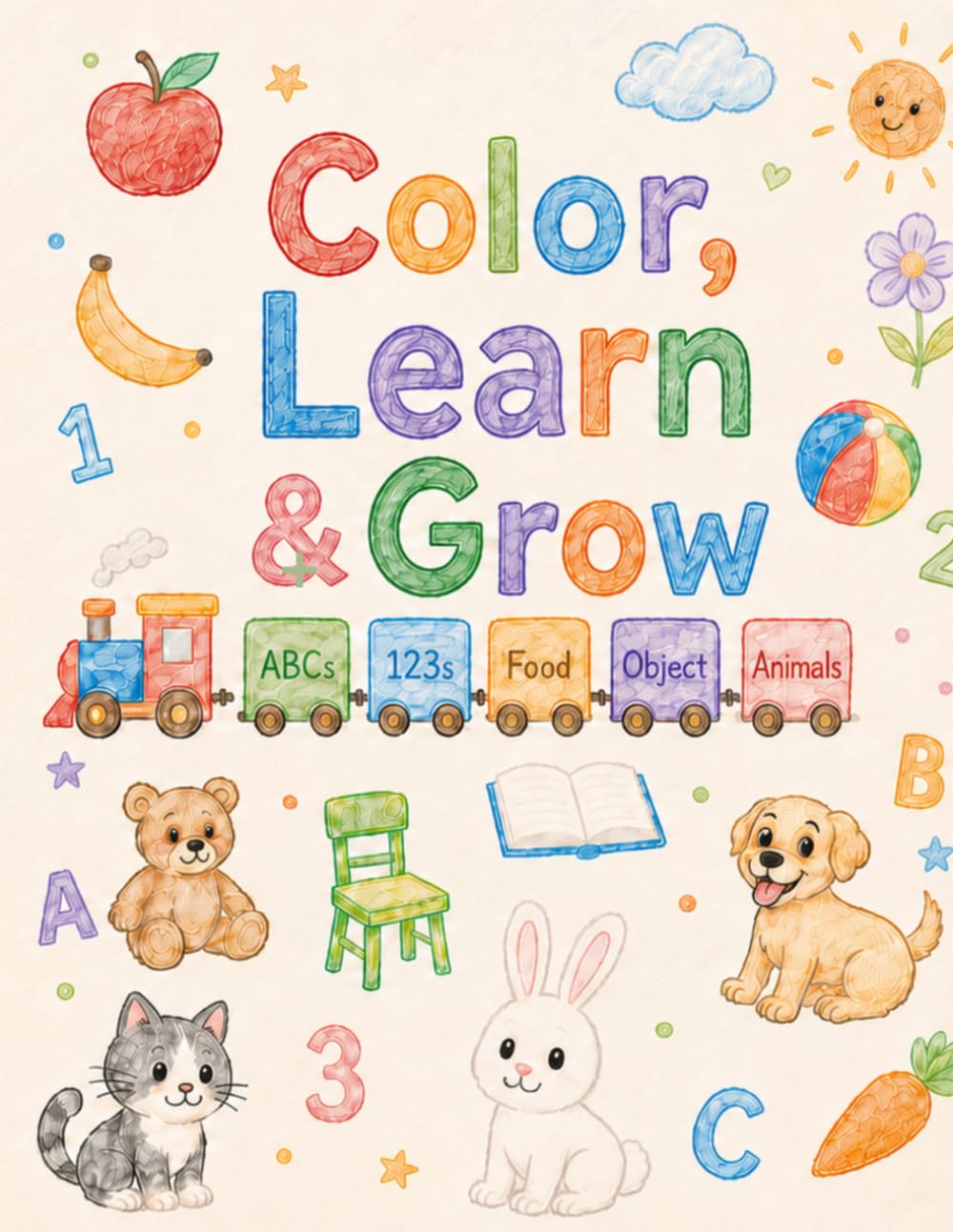 Colour, Learn & Grow: A Fun Educational Coloring Book of ABCs, 123s, Food, Objects and Animals for Toddlers Ages 1–4