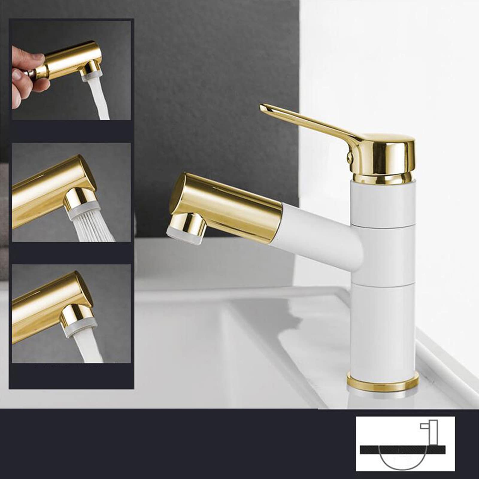 Rubinetto per Lavabo Nero Acqua Calda E Fredda Miscelatore per Lavabo con Doccetta Estraibile Rubinetti per Lavabo da Bagno Rubinetti Girevoli Doccetta Estraibile Doccetta Bianca + Oro_