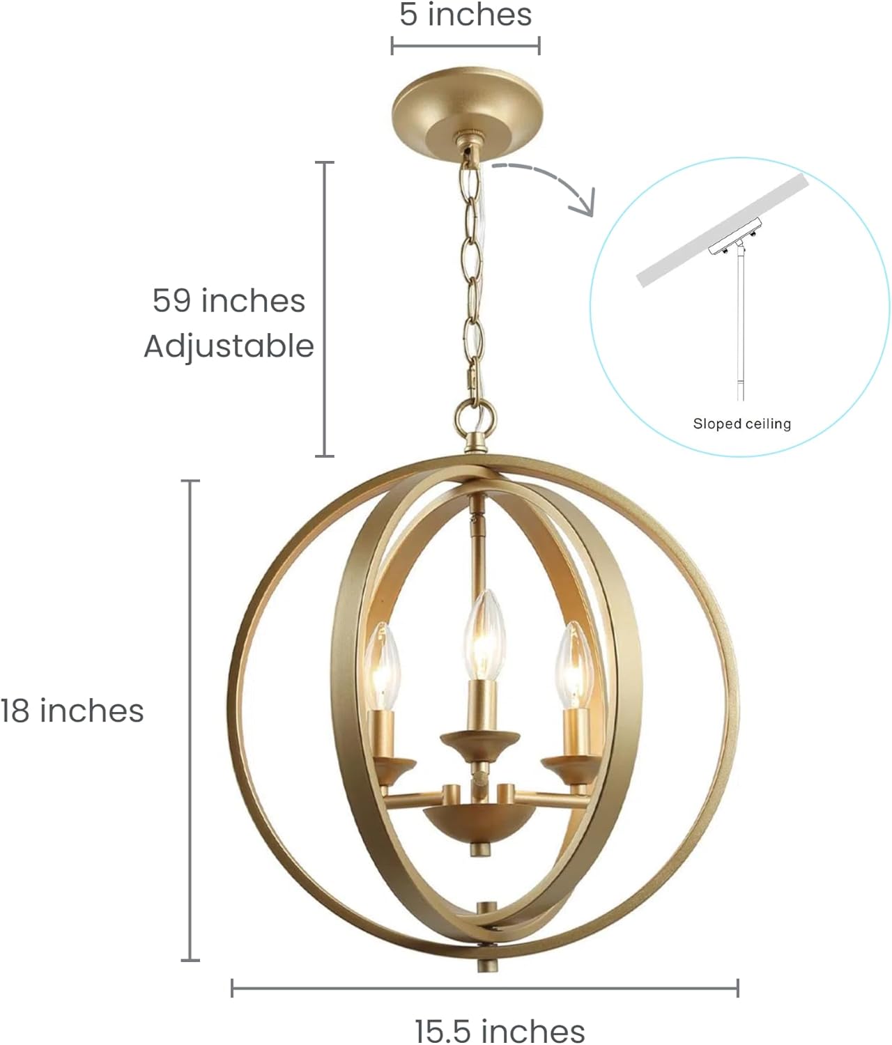 LALUZ Modern Gold Chandeliers for Dining Room 3 Light Orb Chandelier Adjustable Pendant Light Fixture Globe Foyer Chandeliers for Kitchen Dining Room Bedroom
