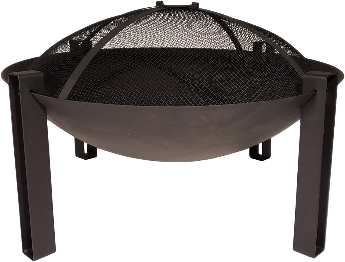 Catalina Creations 26” Black Cast Iron Fire Bowl | Stylish Modern Fire Pit Design | Spark Screen and Lifting Tool