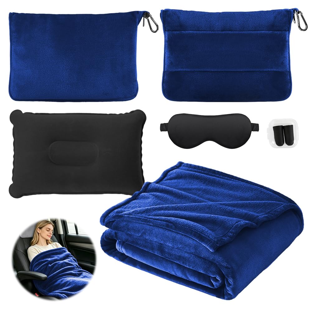 Reisedecke Kissen Decke 3 in 1, Reisedecke Ultraleicht Warm Decke Auto 152 x 127 cm, Verwandlungskissen Flugzeug Kissen mit Hülle, Gepäckhülle, Augenmaske, Ohrstöpseln (Set-Marineblau)