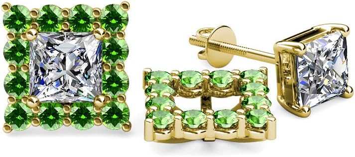 Green Garnet Halo Jackets for Princess Stud Earrings 0.88 ctw 14K Gold