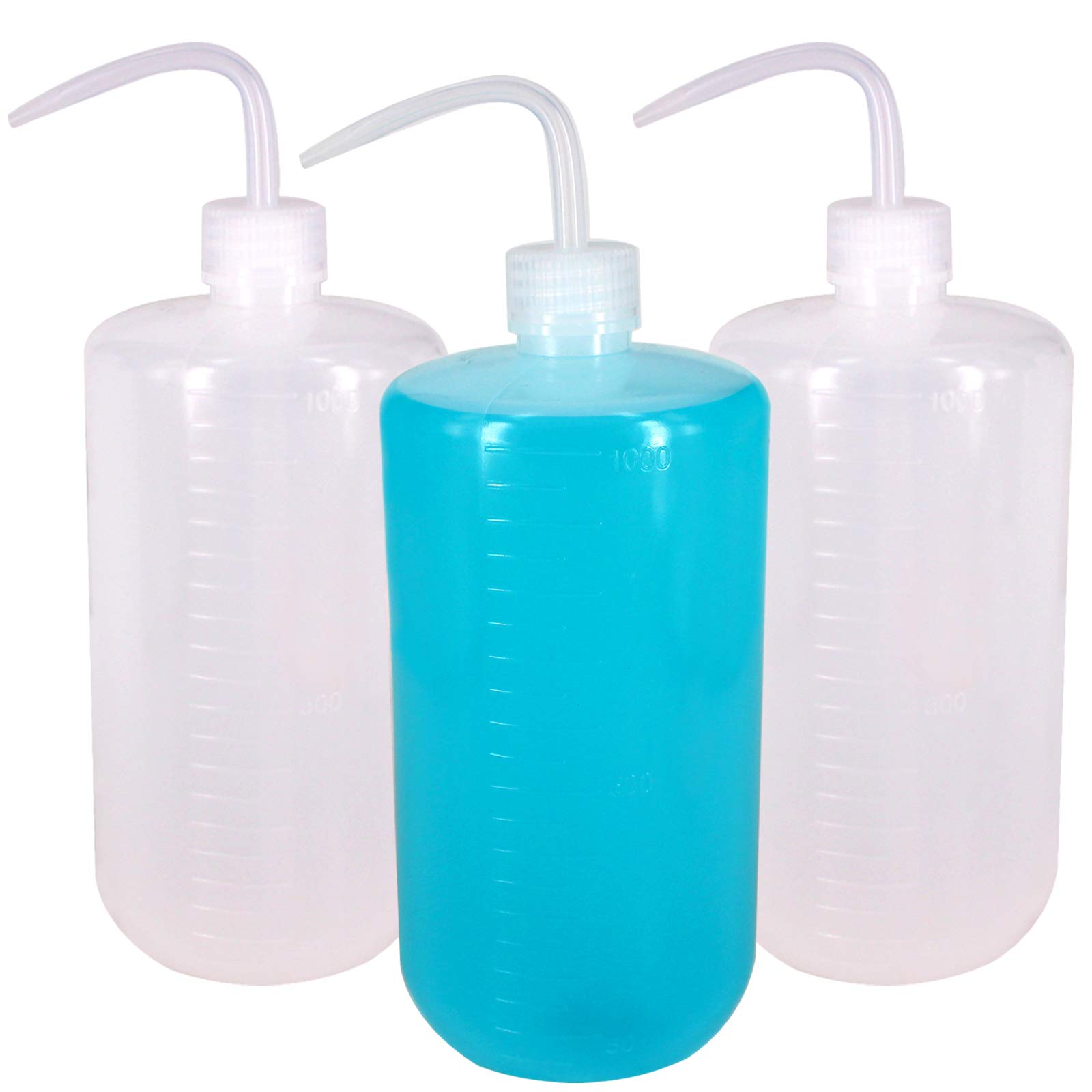3 bottiglie di plastica da 1000 ml, bottiglie di sicurezza da laboratorio, in plastica, con etichette in scala e bocca stretta, bottiglie per irrigazione per chimica, industria, laboratorio e