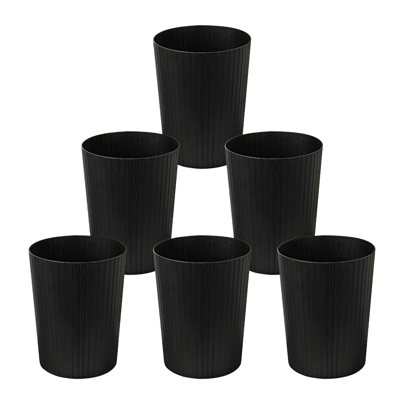 Cetomo 7.2L*6 Plastic Waste Paper Bin, Trash Can, Small Bins, Bedroom Bin, Round Waste Basket with Solid Stripe for Kitchen Rooms, Nesting, Matte, Frosted, Minimalist, Open Top, Black, 7.2L(6 Pack)