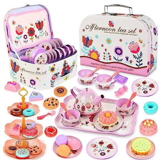 Lajeje Tea Set for Little Girls, Birthday Gift for Age 3 4 5 6 Year Old, Toddler Toys Tea Party Set for Little Girls, Princess Kids Kitchen Pretend Toy with Tin Tea Set, Desserts & Carrying Case