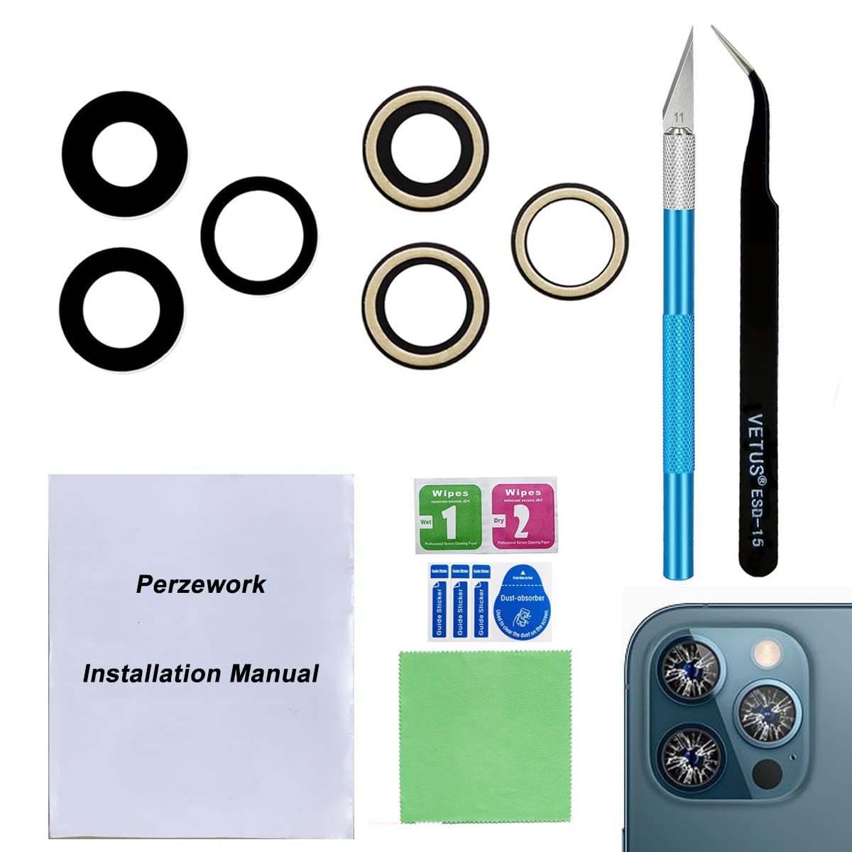 Perzework OEM Back Rear Camera Saphire Glass Lens Replacement for iPhone 12 Pro Max with pre-Installed Adhesive and Reparing Toolkit