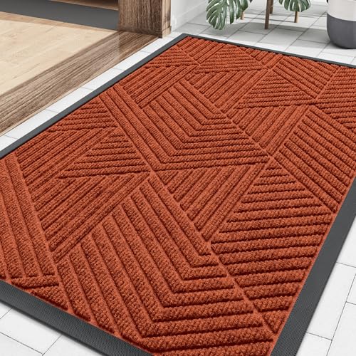 Image of Smiry Front Door Mat Outside Entrance, Heavy Duty Sturdy Natural Rubber Doormat, Trap Dirt and Moisture, Easy Clean Low Profile Mats for Indoor Outdoor Entry, Irregular Triangle (29.5x17, BRN-Orange)